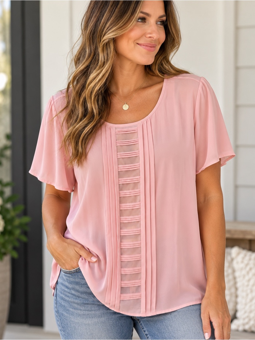 Investments Blush Pink Short-Sleeve Ladder-Front Blouse